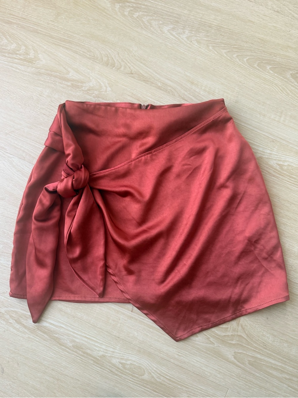 Satin Wrap Mini Skirt with Side Tie - Rust Red
